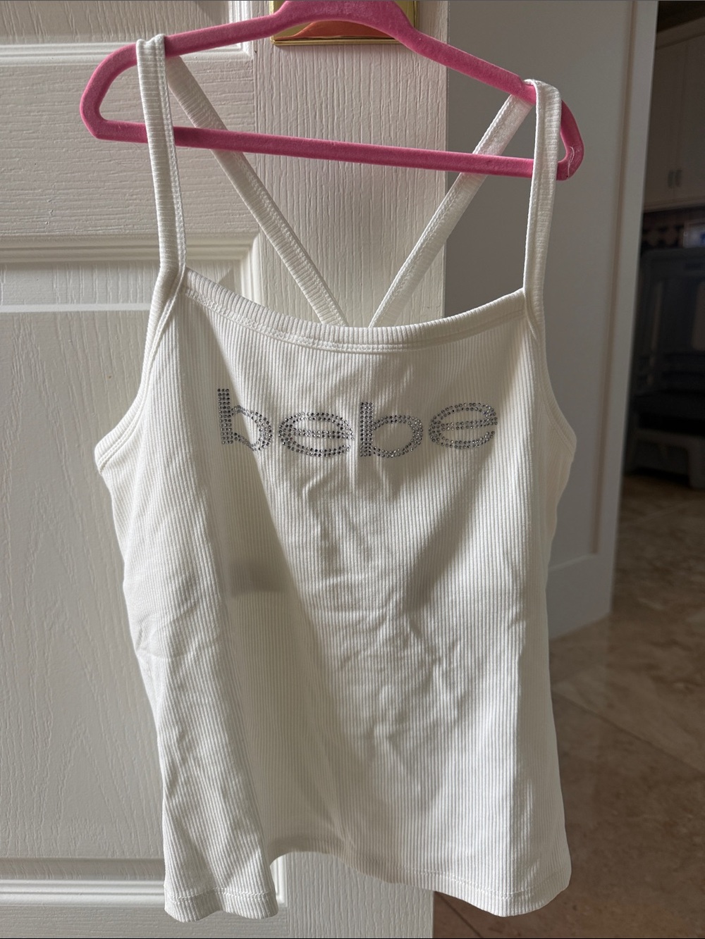 bebe White Ribbed Bandeau Tank with Crystal Logo